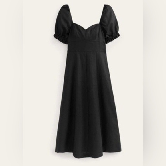 BODEN 100% Linen sweetheart neckline Midi Dress Size 12 Black Puff Sleeve - Picture 2 of 4